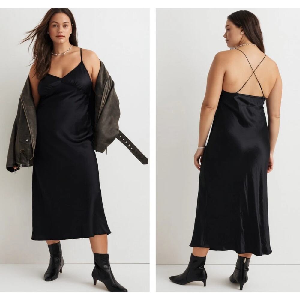 Madewell Layton Slip Midi Dress Black 10 Silk Blend Minimalist Strappy Back 90s - Picture 1 of 11